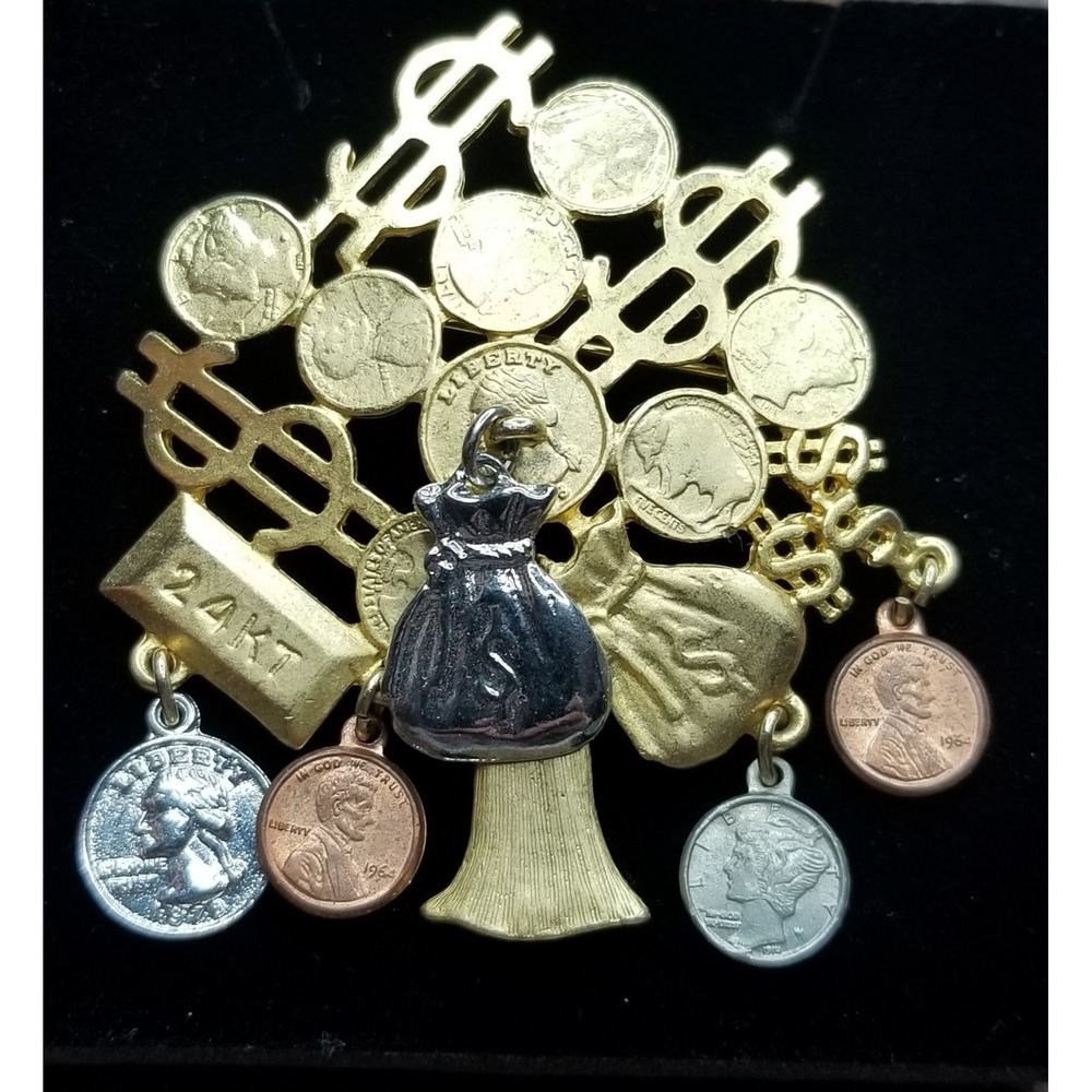 Vintage Money Tree Brooch Grows On Trees Dangle Coins Charms Large Gold Tone Pin